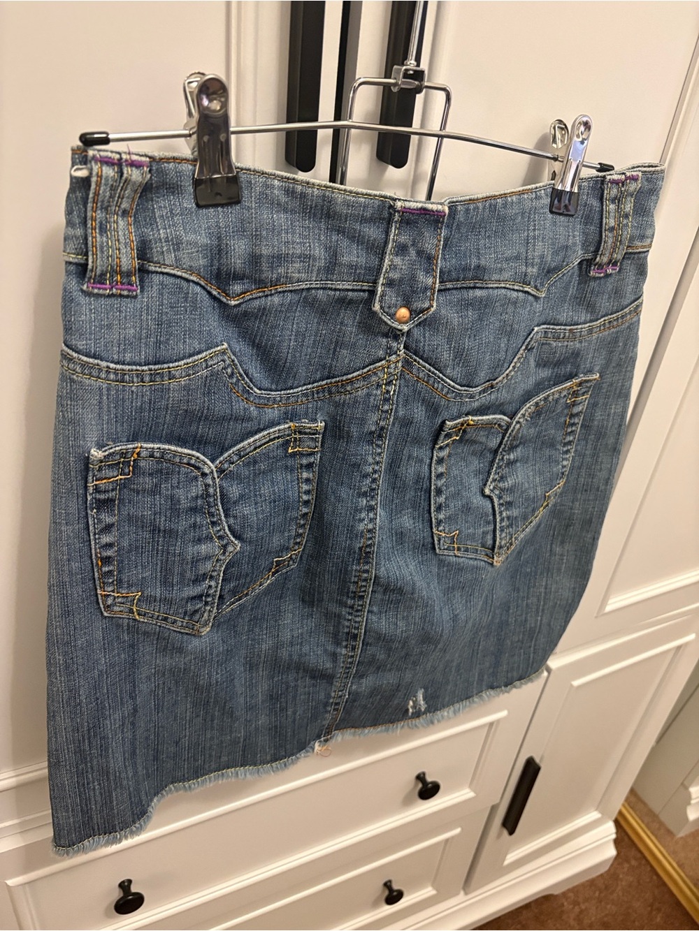 Light Wash Denim Mini Skirt with Red Stitching
